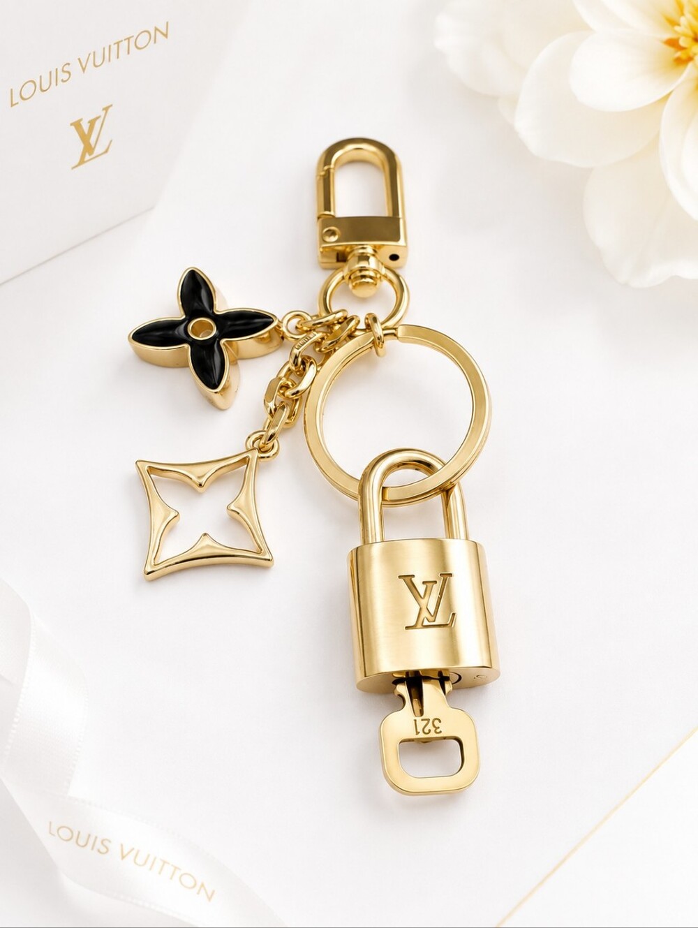 Louis Vuitton Authentic Gold Padlock 🔑 Key +Stylish Unbranded Flower Bag Charm